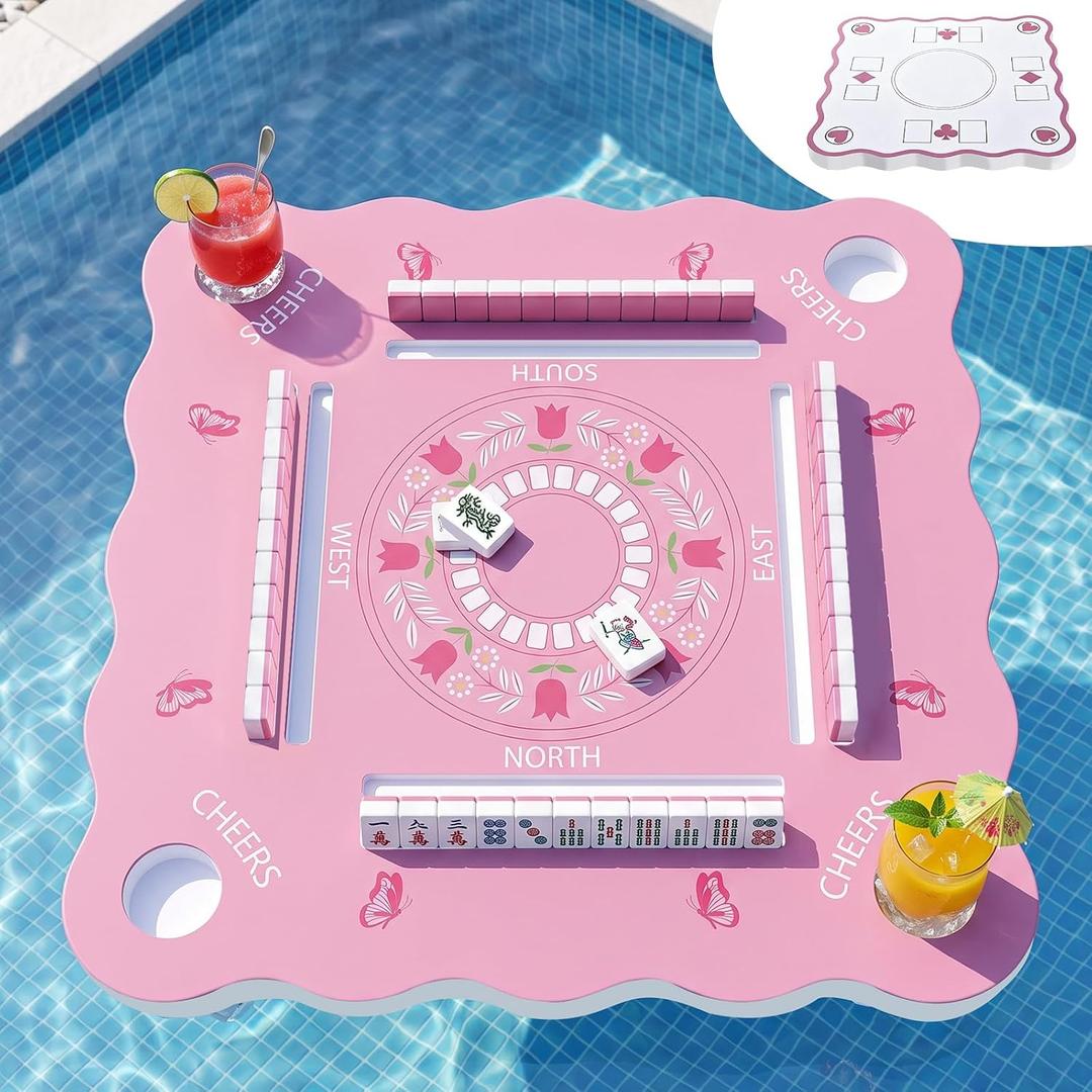 Large Floating Mahjong Table for Pool, Double Sided Waterproof Floating Pool Tray for Mahjong, Poker, Cards, Dominoes Scrabble, Water Game Table with Cup Holders for Hot Tub, Beach, Backyard Parties, 32 inches