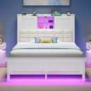 Rolanstar Bed Frame Twin Size with Charging Station, Bookcase Headboard Bed with LED Light and Sliding Doors, Platform Bed with Wooden Slats, No Box Spring Needed, Noise Free, White