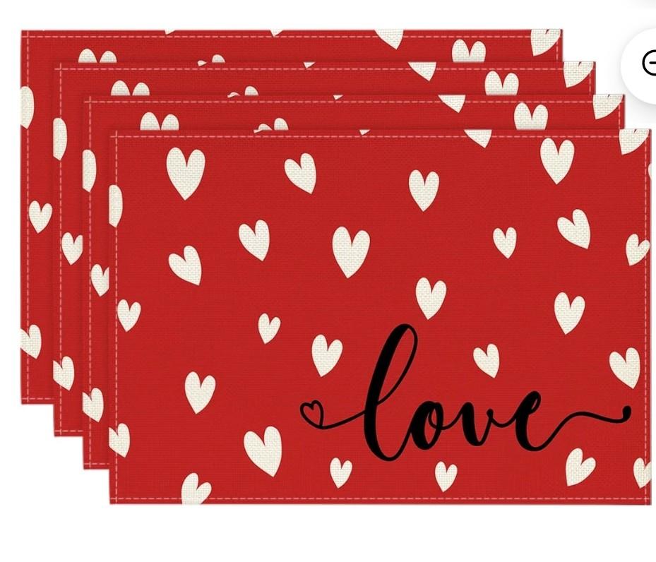 Sm:)e Red Love Heart Valentine Placemats Set of 4, 12x18 Inch