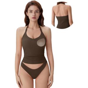 SUUKSESS Halter Tank Top for Women with Built in Bra Cotton Ribbed V Neck Cami (Brown, M)