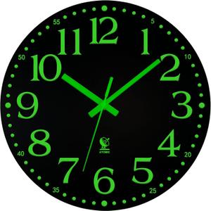 JoFomp Atomic Wall Clock Glow in Dark, 12 Inch Silent Wooden Wall Clocks Battery Operated, Atomic Clock Wall Radio Controlled Sets Automatically, Glow in The Dark Wall Clocks for Living Room Decor (Black)