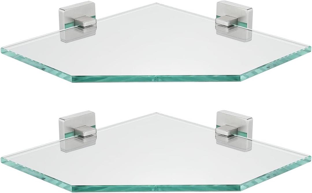 JQK Corner Glass Shelf, Brushed Steel Bathroom 304 Stainless Steel Shower Triangle Floating Wall Shelf, 10 x 10 Tempered Glass, 2 Pack, TGS290L10-BN-P2