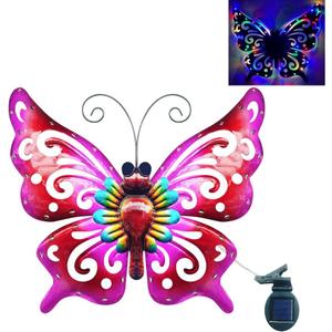 Solar Garden Light, Metal Butterfly Wall Art, 19" Large Hanging Decor for Garden Patio Fences Porch Yard Art Outdoor Wall Decor, Valentine Decorative Lighting, Housewarming Wedding Birthday Gift