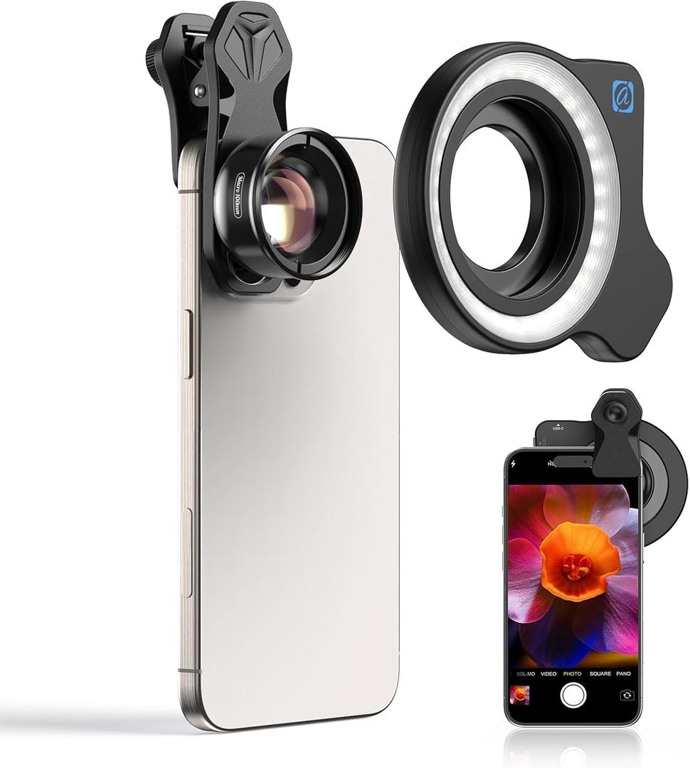 APEXEL Professional Macro Photography Lens with Fill Light for Smartphone, Macro Lenses for iPhone, Samsung, Galaxy, Android Phone(Fits for Almost All Phone), Cell Phone Lens Attachment for iPhone