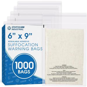Spartan Industrial - 6 X 9 (1000 Count) Self Seal Clear Poly Bags with Suffocation Warning for Packaging, Shipping - Resealable Glue Spartan Industrial - 6 X 9 (1000 Count) Self Seal Clear Poly Bags with Suffocation Warning for Packaging, Shipping - Resealable Glue