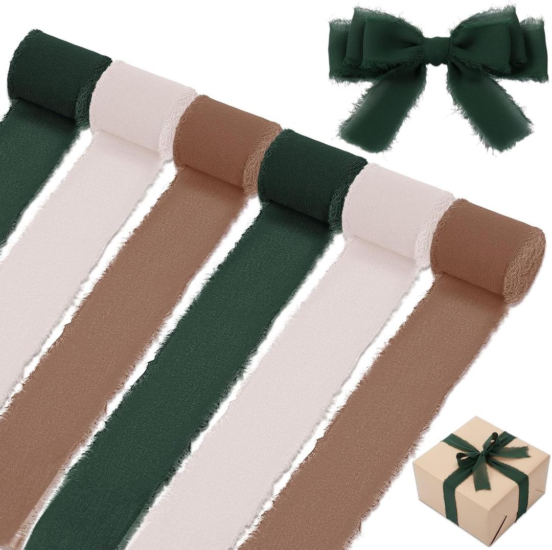 6 Rolls Neutral Chiffon Ribbon 1.57" x 33yd Dark Green Brown Nude Handmade Frayed Fringe Edges Silk Like Ribbon for Wedding Invitations Bridal Bouquets Gifts Wrapping Bow Making Crafts Decor