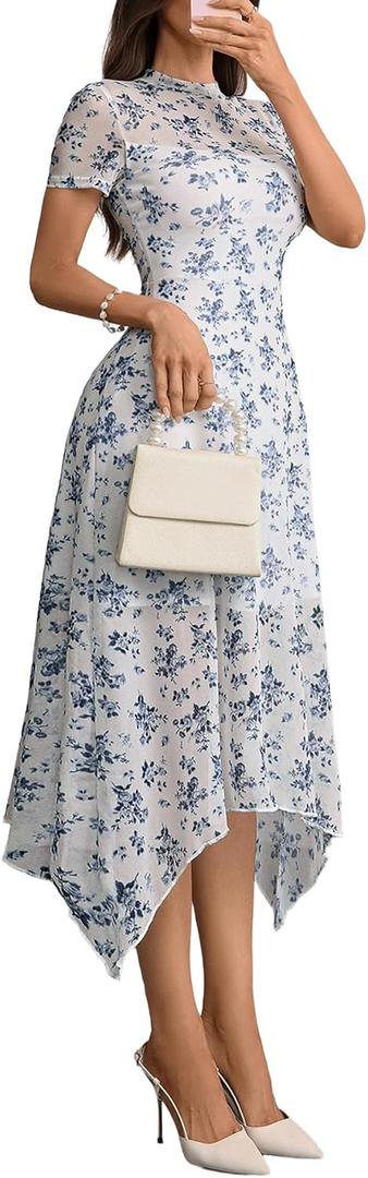 GothDark Women's Wedding Guest Floral Print Vintage Goth Dress Mesh Spliced Double-Layered Irregular Hemline Midi Dresses (Large)