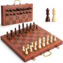Magnetic Chess Set 15.5 Inch Chess Boards for Adults & Kids, Leather & Wooden Folding Board with Handmade Wood Pieces, Travel Chess Sets Game with Portable Handle for Beginners Professionals
