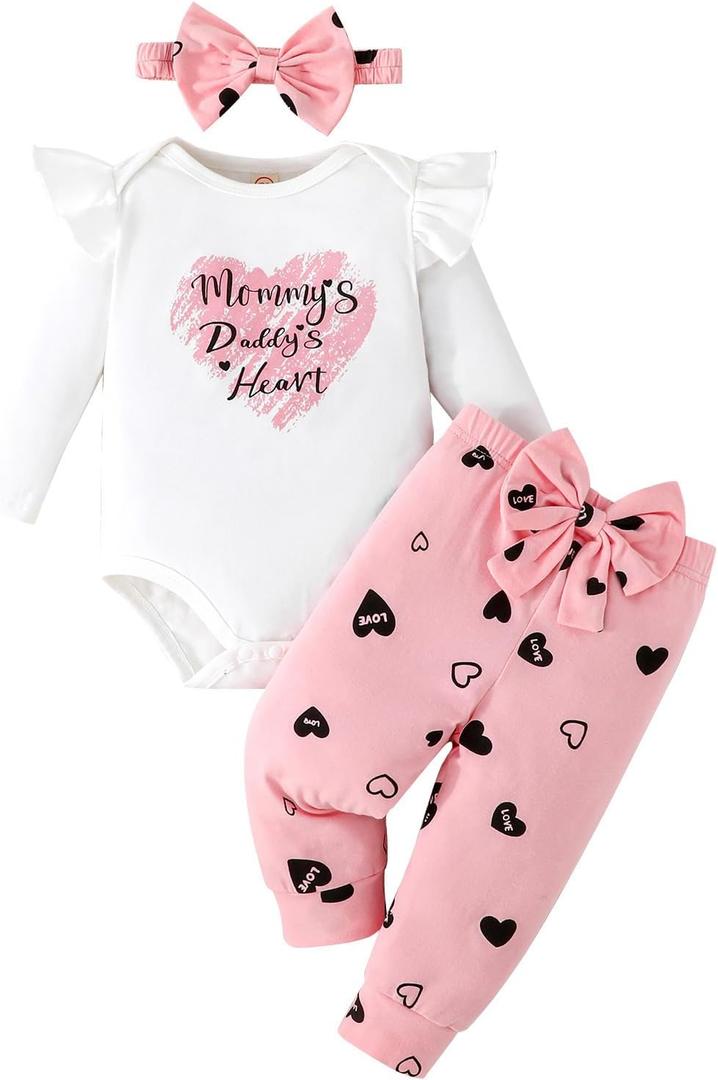 GDTOGRT Newborn Baby Girl Clothes Outfit Set Sweet Ruffle Romper, Pants and Headband 0 3 6 9 12 18 Months Infant Clothing