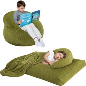 COMAX Bean Bag Chair for Kids, Convertible Toddler Beanbag Bed Corduroy, Children Bean Chair Stuffed to Floor Mattress with Filler, Light Green (29.5"Dx29.5"Wx20.5"H)