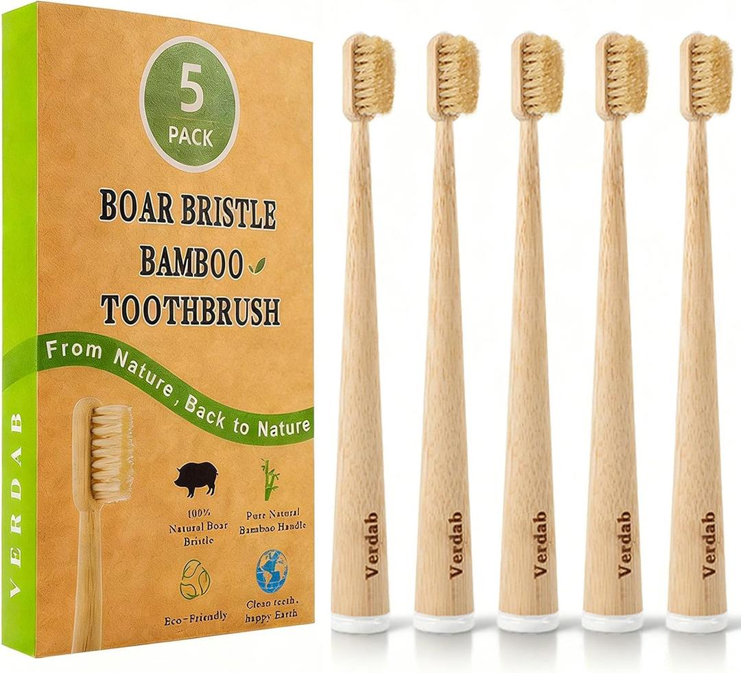 Boar Bristle Bamboo Toothbrush (5-Pack) - Natural Premium Wild Boar Bristles - 100% Biodegradable & Eco-Friendly - No Plastic, No Nylon - Self-Standing Design - Natural Toothbrushes