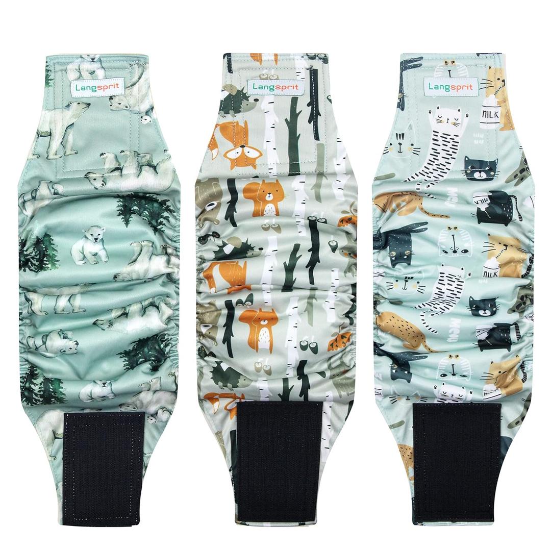 Langsprit Male Belly Bands for Dogs (Pack of 3)  High Absorbing Dog Wraps Male Washable  Reusable Dog Diapers (Fox,Cat,Polar Bear, XSmall)