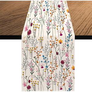 Watercolor Wild Flowers Table Runner, Seasonal Summer Colorful Flowers Holiday Kitchen Dining Table Decoration for Home Party Decor 13 x 108 Inch
