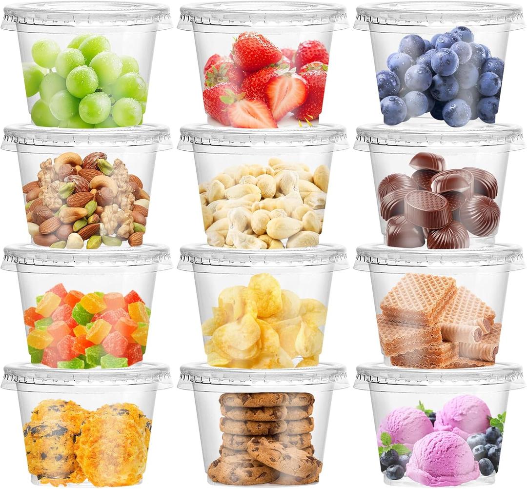 100 Pcs 8 OZ Disposable Plastic Cups with Flat Lids,Clear Portion Cups with Flat Lids,Clear Plastic Ice Cream Containers with Lid for Parfaits,Drink,Yogurt,Soups,Salad,Fruit(With Holes)