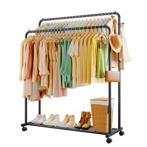 Sakugi Clothes Rack - Double Rods Clothing Rack with Mesh Shelf, Hooks & Wheels, Metal Clothing Racks for Hanging Clothes & Bags, Multifunctional Garment Rack for Laundry, Black, 47.2" x 16.9" x 59.1"