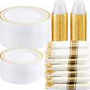 WELLIFE 350-Piece Gold Disposable Plates and Cutlery Set - Premium 10.25" Dinner Plates, 7.5" Dessert Plates, 9oz Cups & Cutlery for Weddings, Catering Events - 50 Guest Service - Elegant & Sturdy