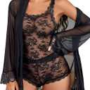 Avidlove Lingerie for Women 3 Piece Lingerie Set Floral Lace Cami Sleepwear with Kimono Robe Pajama Set (Black, M)