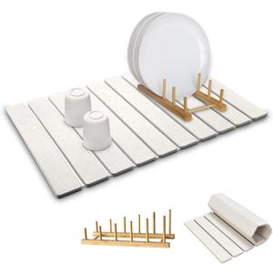 Large Stone Dish Drying Mat for Kitchen Counter,Equipped Dish Rack, Diatomaceous Earth Material, Foldable and Super Absorbent Dish Drying Pad Suitable for Tableware, Bottles and Cup (White, 2416 IN)