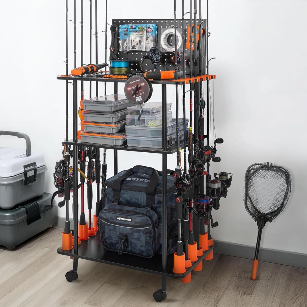 KastKing V12 Gear Trolley, Indoor Fishing Rod Holder for 12 Combos, 3-Tier Fishing Accessory Shelves With Peg Wall, Patented Built-in Line Spooler, Mobile Tackle Storage Cart With Locking Wheels