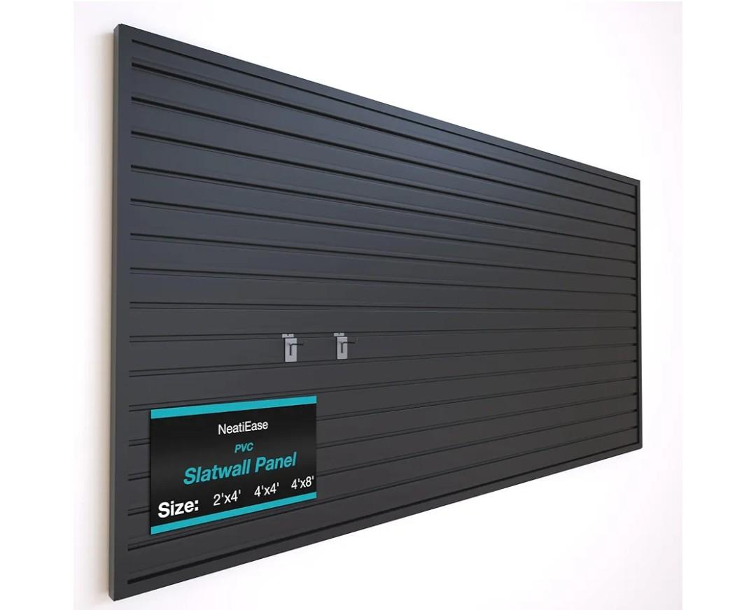 NeatiEase Slatwall Panel Wall Storage Systems, 4 x 8ft Slat Wall Paneling Garage Wall Organizer, Heavy Duty Wall Mounted PVC Wall Rack (Black)