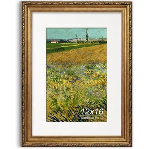 Antique Gold 12x16 Picture Frame, Ornate Embossing Frame with Paper Mat and Plexiglass, Fit for 12x16 without Mat or 8x12 with Mat, Wall Mounting Display for Art Prints, 1 Pack