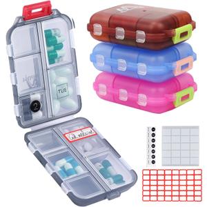 4PS Travel Pill Organizer with 164 Slice Labels10 Compartments Travel Pill Box Portable Folding Small Pill Case Daily Pill Container Used for Carry Storage Medicine Organizer By M MUchengbao (Dark Red + Gray + Pink + Blue)