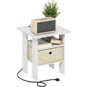 Furinno Andrey USB and Type-C Port Charging Station End Table with Storage Bin, 15.55 (W) x 12.56 (H) x 8.5 (D) inches, Marble White/Ivory | Storage Bin, Night Stand, Bedside Table with USB and Type-C Charging Port, for Living Room, Bedroom
