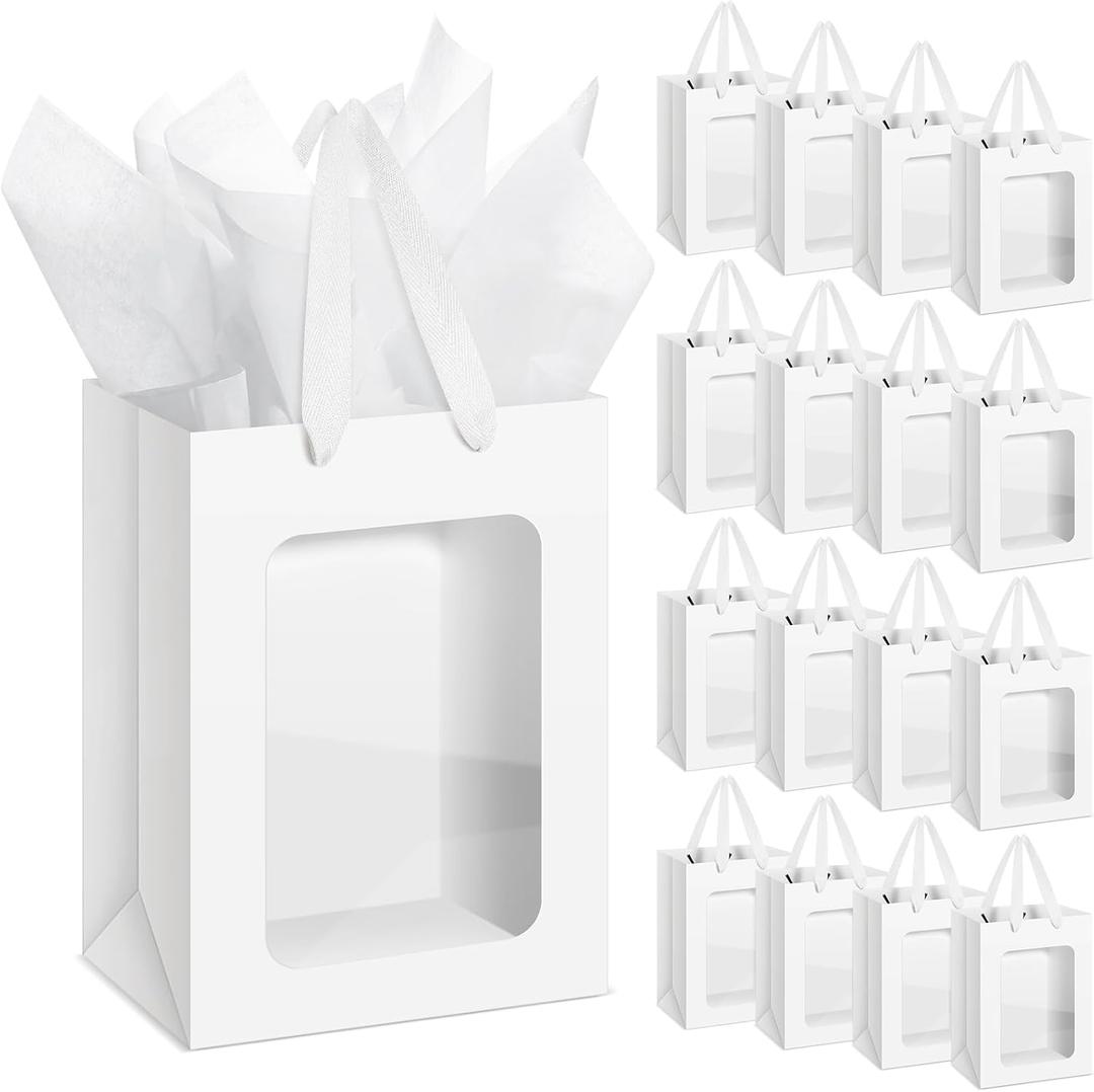 Zhanmai 36 Pcs Kraft Clear Gift Bags with Tissue Paper, 10 x 7 x 5 Inch Laege Paper Gift Bags with Window Handles for Bouquet Graduation Wedding Baby Shower Birthday Festivals Party Favors(White)