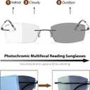 Photochromic Progressive Multifocal Reading Glasses Men Women Rimless Multifocus Readers Diamond Cut Blue Light Blocker No Line Spring Hinge Titanium Eyeglasses Transition Sunglasses With Readers 2.5