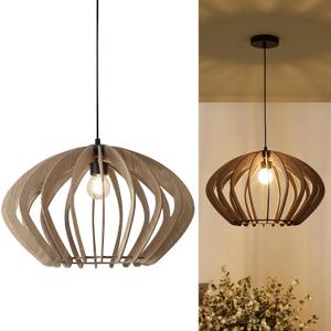 Vintage Wood Pendant Light Fixtures, Modern Farmhouse Walnut Lantern-Shape Dining Room Chandelier, Mid-Century Ceiling Mount Hanging Light Fixture for Kitchen Decor, Black