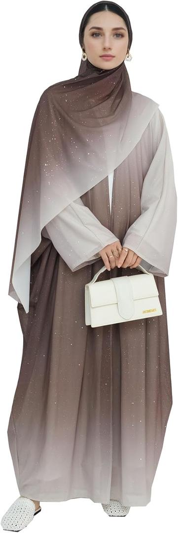 Prlemend Muslim Abaya for Women Gradient Color Cardigan Islamic Flash Robe Prayer Clothes with Hijab (Small, Coffee)