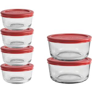 Anchor Hocking 12 Piece Glass Storage Containers with Lids (6 Glass Food Storage Containers & 6 Red SnugFit Lids)