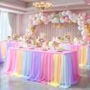 Wish Care Rainbow Tulle Tablecloth for 6 Foot Rectangle Tables Double Layer Tulle Tutu Desk Skirt Unicorn Ruffle Pastel Table Cloth Stretch Fitted Table Covers for Girls Birthday Baby Shower Party