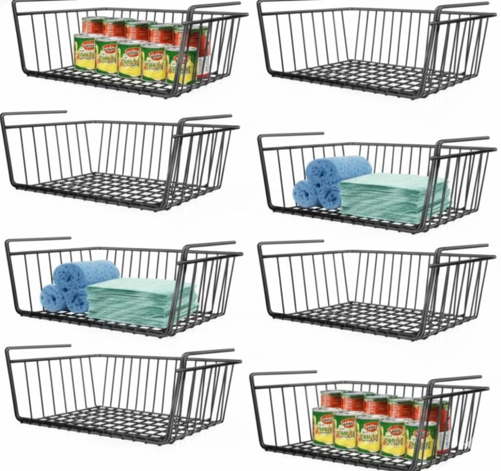 8 PACK Hanging Under Shelf Storage Basket Kitchen Cabinet Organizer Storage, Slides Under Wire Shelves for Counter Pantry Desk Bookshelf, black