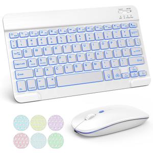TECURS Bluetooth Keyboard and Mouse Combo for iPad, 7-Color Backlit Rechargeable Wireless Keyboard & Mouse Compatible with iPad 10th/9th/8th Gen, iPad Pro/Air/Mini and ipadOS 13 and Above (White Grey)