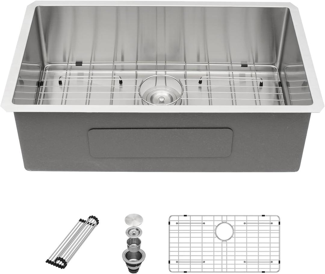 Sarlai 33 Inch Undermount Kitchen Sink - 33 x19 Kitchen Sink Undermount Single Bowl Stainless Steel 16 Gauge Under Counter Sink With Accessories Round Corners