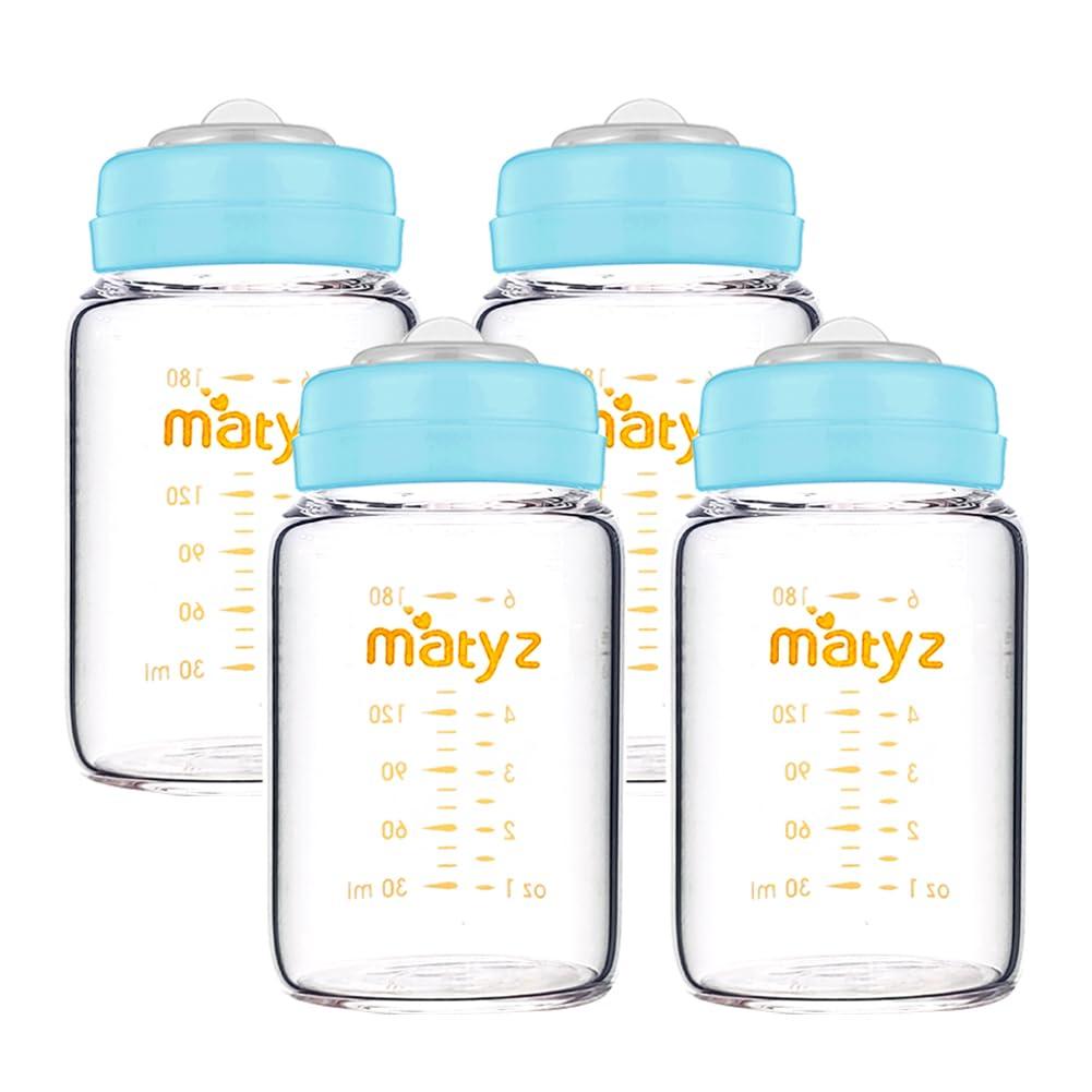Matyz 4-PACK Wide Mouth Glass Breast Milk Storage Containers With Lids (Blue, 6 Oz Each) - Glass Freezer Safe Breastmilk Storage Bottles - Breast Pump Accessories For Medela Spectra Avent Breast Pumps