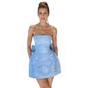 JUMISEE Embroidery Satin Homecoming Dress with Bow Modest Strapless Mini Dresses A Line Short Prom Dress Party Gown Blue Size S-M