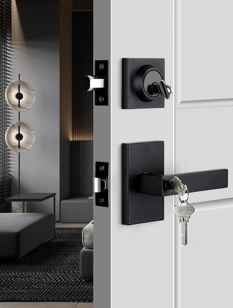 goldenwarm Black Door Handle with Deadbolt, Square Contemporary Matte Black Exterior Door Lock Set with Deadbolt, Heavy Duty Zinc-alloyed Front Entry Door Locksets with Deadbolt(1 Pack) (Rectangular)
