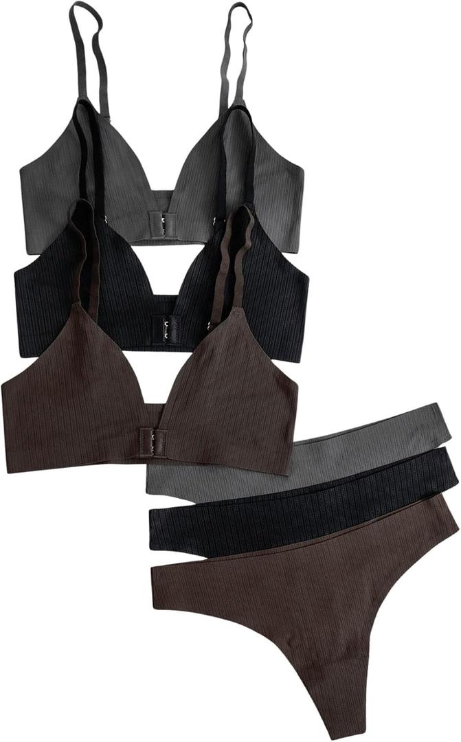 OYOANGLE Women's 3 Pack Front Closure Bras and Low Rise Thongs Set No Show Bra Underwear Sets (Medium, Black and Grey) OYOANGLE Women's 3 Pack Front Closure Bras and Low Rise Thongs Set No Show Bra Underwear Sets (Medium, Black and Grey)