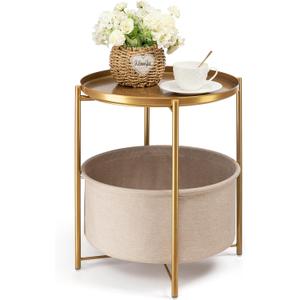 danpinera Round Side Table with Fabric Storage Basket, Metal Side Small Bedside Table Nightstand with Removable Tray Top for Living Room, Bedroom, Nursery, Laundry, Gold