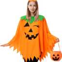 KOFECIT 3 PCS Halloween Pumpkin Poncho for Women,Pumpkin Cape Costume with Headband and Candy Bag,Halloween Costume for Women Adults