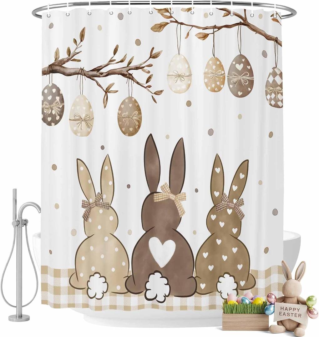 Easter Shower Curtains for Bathroom Bunny Spring Stall Shower Curtain Set Waterproof Polyester Bathroom Curtains Easter Eggs Rabbit Plaid Bathtub Decorations 72x72 Inch
