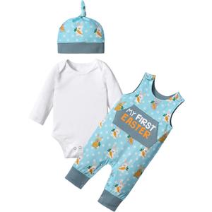 MIGU Easter Outfit Baby Boy Girl Outfit My First Easter Outfit Long-Sleeved Onesie 3-Piece Set Romper (6-9 Months, Blue)