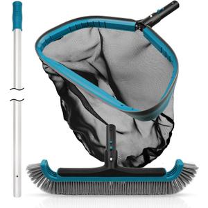 POOLWHALE Swimming Pool Cleaning Kit - Aluminum Frame Skimmer Net with 10Ft Adjustable Pole & 17.5 Pool Brush Head, Pools Maintenance Kits for Inground & Above Ground Swimming Pools, Removes Debris