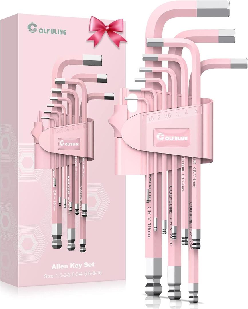 COLFULINE 9 PCS PINK Allen Key Set, Long Ball End Hex Key Set, Cr-V Allen Wrench Set for Women, Size 1.5-10mm with Colour-Coding for Best Gifts and Home Repair