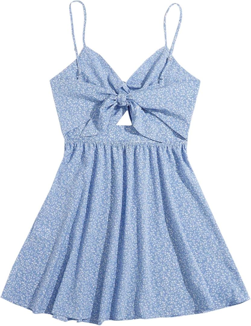 Floerns Women's Boho Floral Print Twist Front Cami A Line Mini Dress Bonnie Blue, Small