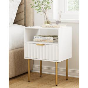 Night Stand,Modern Bedside Table with Drawer and Shelf,White Night Stand with Gold Frame,Small Side Table for Bedroom,Living Room, White