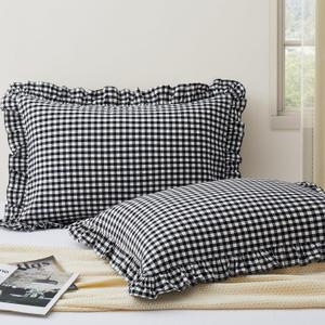 KKJIAF 2 Pcs Plaid Ruffle Pillow Case Queen Size, Ruffled Gingham Cotton Pillowcases 20x30 Inch, Linen Feel Plaid Bed Pillow Shams with Envelope Closure for Sofa Bed (Black)