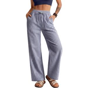 Neer Women's Striped Gingham Pants Cotton Plaid Pajama Lounge Boxer Pants Drawstring Pj Bottoms Wide Leg Trousers with Pocket (Black)  XXL